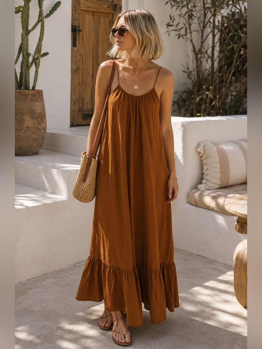 Zara Rust-Brown Spaghetti-Strap Maxi Dress Oversize